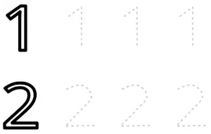 Dashed number tracing worksheet with light colored dashes