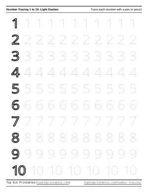 Dashed number tracing worksheet with large light colored dashes, numbers 1 to 10