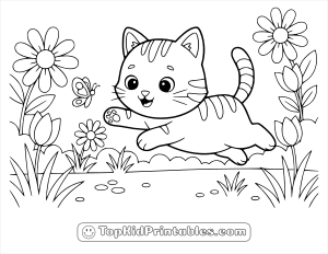 Printable coloring page of a cat chasing a butterfly