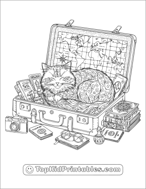 Coloring book page of a cat in a suitcase