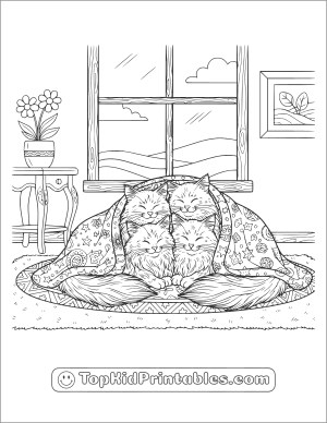 Coloring book page of cats under a blanket