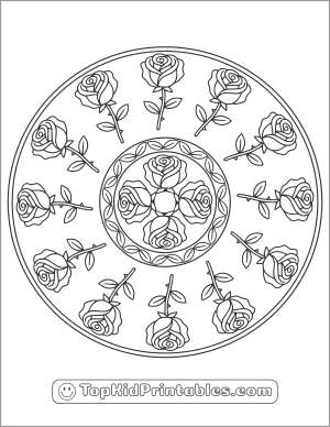 Easy rose mandala flower coloring book page